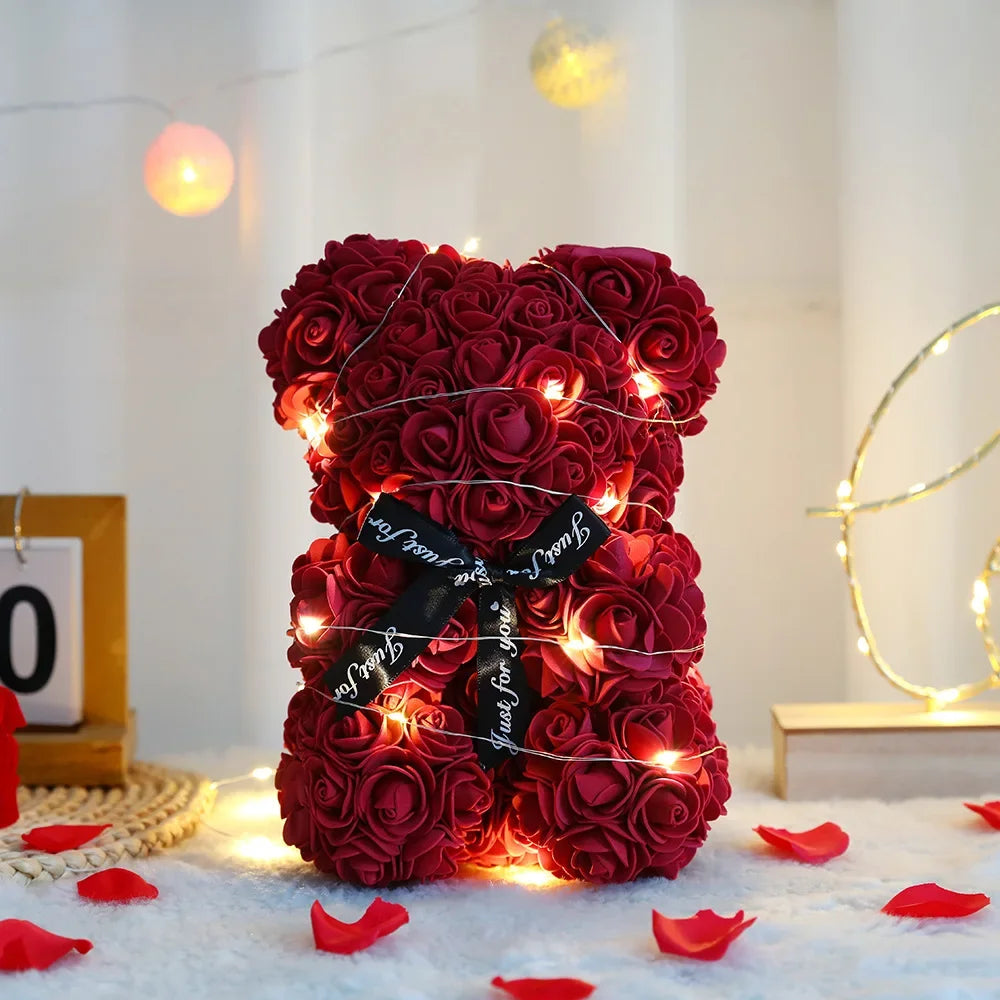 25cm Artificial Teddy Rose Flower Bear with Box
