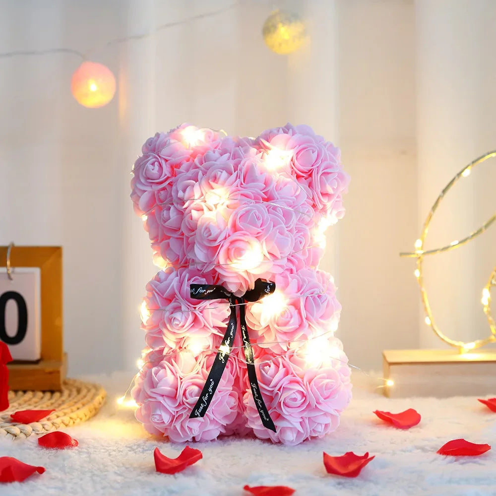 25cm Artificial Teddy Rose Flower Bear with Box